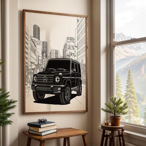 Mercedes G-Wagon City Line Art Print - Bold Black and White Urban Style - Modern Wall Decor for Car Enthusiasts - Vertical Poster