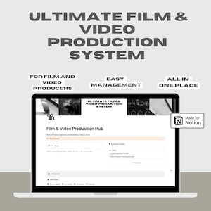Op de afbeelding: Een laptopscherm dat een Notion-werkruimte voor film- en videoproductie weergeeft. De werkruimte heeft de titel "Ultimate Film & Video Production System" en bevat secties voor projecten, notities en deadlines. De werkruimte is ontworpen om filmmakers en videografen te helpen hun projecten efficiënt te beheren.