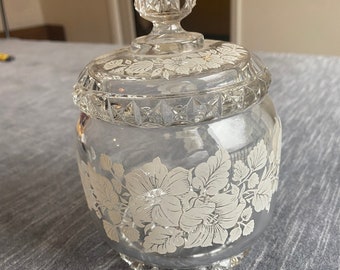 Vintage Etched glass floral canister/jar with lid