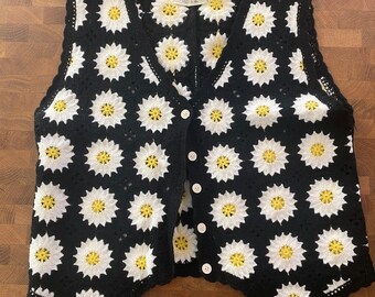 Vintage Lulla Collection vintage grand-mère pull carré gilet-pull en tricot à fleurs, gilet en crochet, cardigan sans manches en tricot, bohème