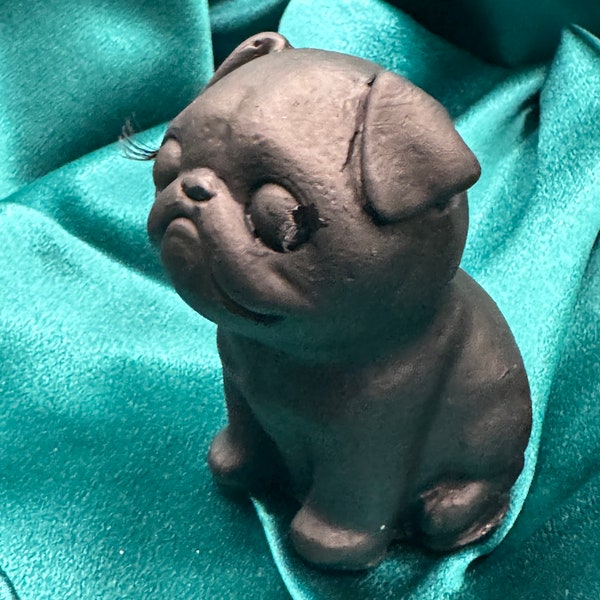 Quirky Paper Weight Black Pug Dog with Eyelashes Handmade Sculpture 3.5x3in puppy clay customizable figurine art object