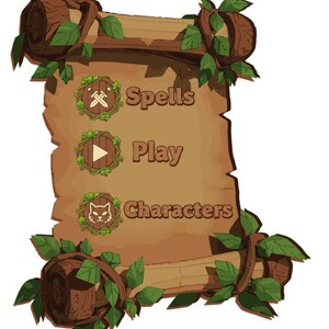 Peut inclure: Un menu de jeu sur le thème de la fantaisie, présenté sous forme de parchemin. Le parchemin est orné de rouleaux de bois, de feuilles vertes et de trois options de menu : "Spells", "Play" et "Characters", chacune avec une icône.