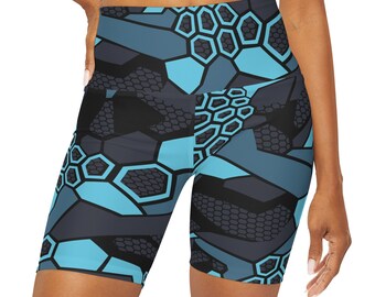 Blau Cryptic style Camo Yoga Shorts mit Hoher Taille