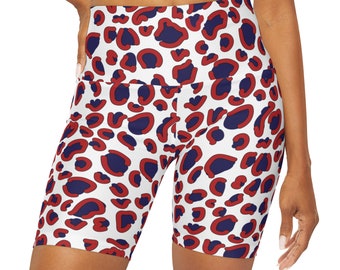 Short de yoga taille haute à imprimé léopard rouge, blanc et bleu