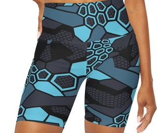 Blaue, hoch taillierte Yoga-Shorts im Cryptic-Stil mit Tarnmuster