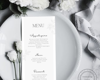 Eenvoudige bruiloft menusjabloon | Bloemencanva-sjabloon | Afdrukbare bruiloft menusjabloon | Zwart-wit minimalistisch trouwmenu met bonus!