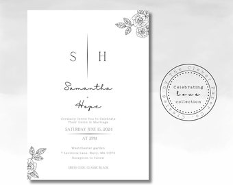Elegant black and white wedding invitation template | printable wedding invitation template | Modern style floral wedding invitation