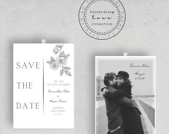 Elegant black and white save the date card with photo | Save the date card template | Floral save the date editable template | Printable