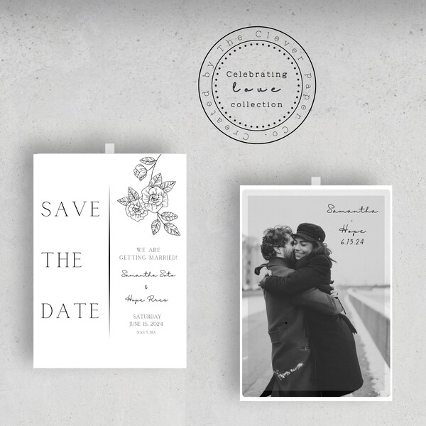 Elegant black and white save the date card with photo | Save the date card template | Floral save the date editable template | Printable