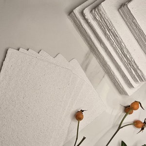 May include: A collection of handmade, textured, off-white paper sheets with a speckled appearance and a rough, deckled edge. A sprig of rose hips with orange berries and green leaves is in the foreground, adding a natural element to the composition.