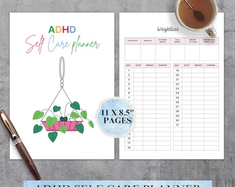 May include: ADHD Self Care Planner with a colorful cover design. The planner includes a weight loss tracker and a section for daily entries. The cover features a hanging plant illustration and the text "ADHD Self Care Planner". The planner is 11 x 8.5 inches.