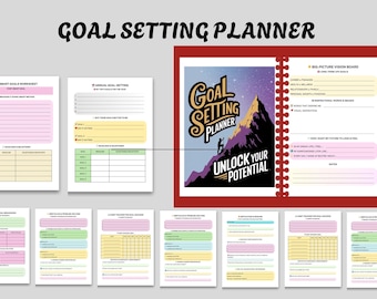 Puede incluir: Un planificador de establecimiento de objetivos con encuadernación en espiral roja. La portada presenta el texto "Goal Setting Planner" y "Unlock Your Potential" con un gráfico de montaña. Se ven varias hojas de trabajo, incluido un documento de trabajo de objetivos SMART y un tablero de visión.