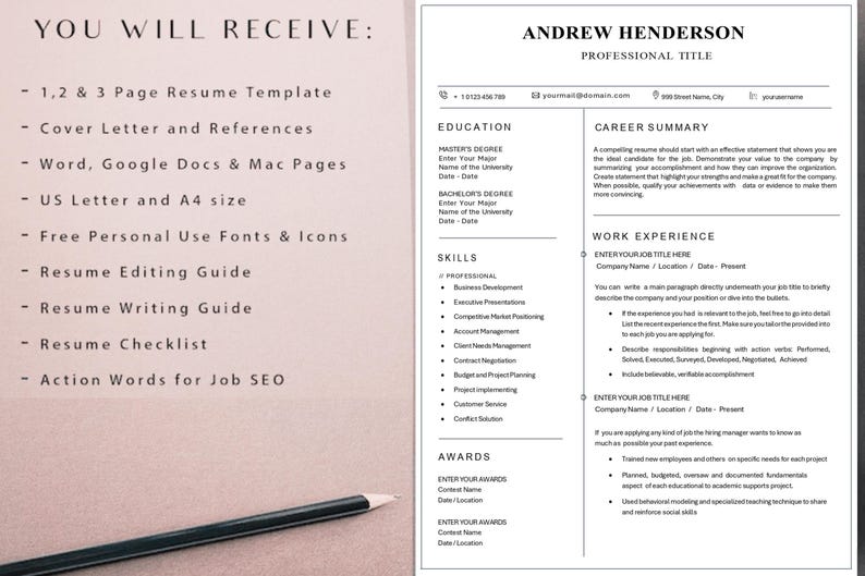 Professional Resume Template for MS Word, Mac Pages, Google Docs Resume