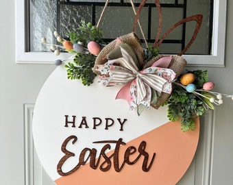 Wooden "Happy Easter with Bunny Ears" Door Hanger, Front Door Decor |3D Letters