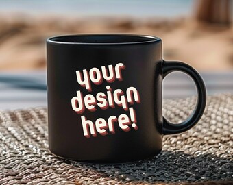 Black Coffee Mug Mockup of Black Coffee Mug on Beach Mockup for Coffee Cup Stock Photo Outdoor Coffee Cup Mockup Stock Image Black Coffee