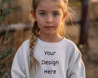 Sweatshirt Kid Mockup White Gildan 18000B Mockup Sweatshirt Girl Mockup White Crewneck Sweatshirt Mockup Child Gildan Sweatshirt Mockup POD