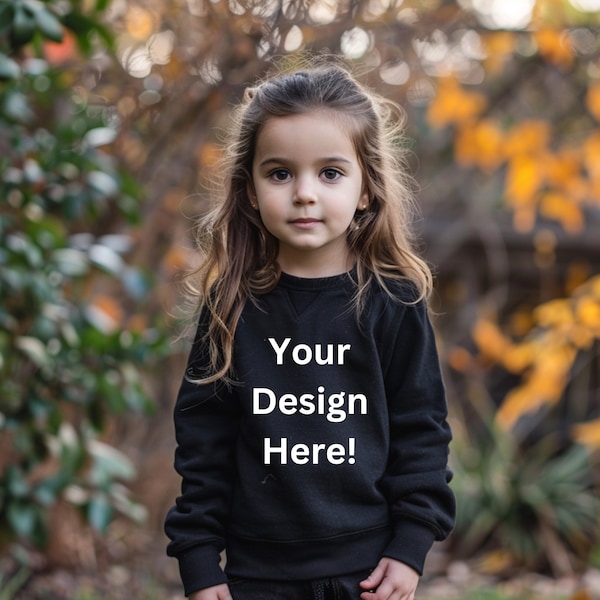 Girl Black Sweatshirt Mockup Black Sweatshirt Child Mockup Child in Black Sweatshirt Mockup Girl Outdoors Stock Photo Toddler Sweatshirt POD