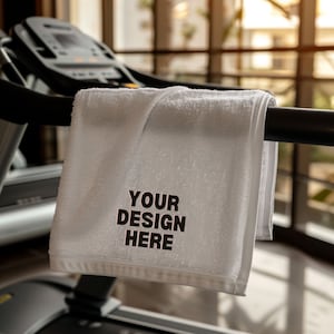 May include: White fitness towel with the text "YOUR DESIGN HERE" in black, draped over a treadmill. The towel is folded and has a textured surface. The background is blurred, suggesting a gym environment.
