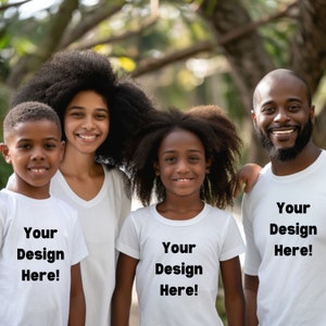 Family Mockup Group in White Shirts Mockup Diverse Family Mockup White Tshirt Mockup Black Family Mockup for Print on Demand Diverse Group