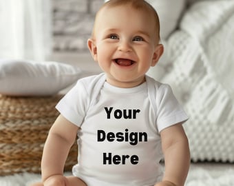 White Baby Onesie Mockup Baby Stock Image Happy Baby Mockup White Onesie Mockup White Baby Digital Image Mockup of Baby Smiling Mockup Baby