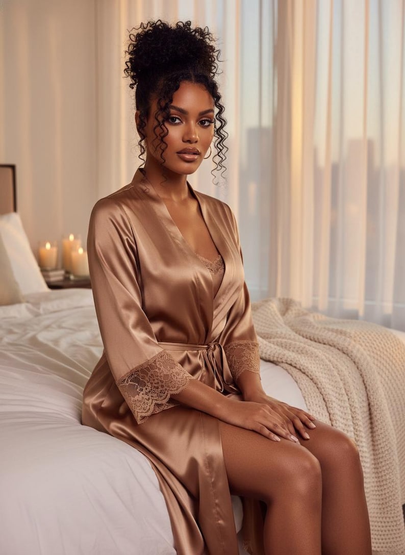 May include: A woman wearing a satin robe and matching lingerie set in a warm, golden-brown hue. The robe features lace detailing on the sleeves and a tie closure. The scene is set in a bedroom with soft lighting and a neutral color palette.