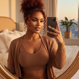 May include: A woman in a brown outfit takes a selfie in a gold-framed mirror. The outfit includes a ribbed crop top, cardigan, and matching bottoms. Her hair is styled in a high bun, and she holds a black smartphone. The background shows a bed and a window.
