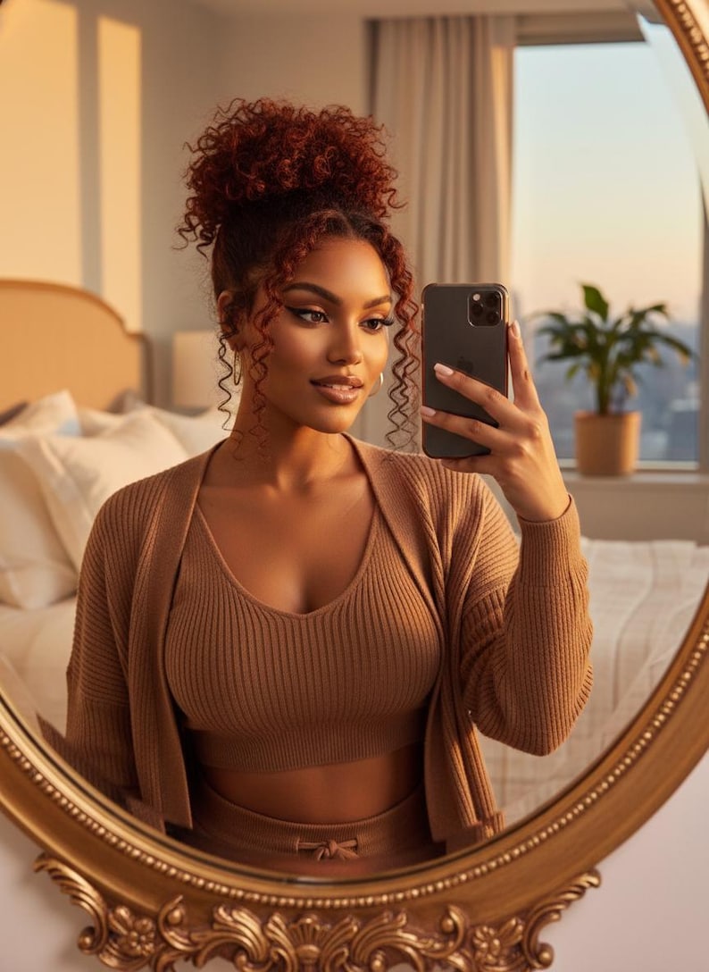 May include: A woman in a brown outfit takes a selfie in a gold-framed mirror. The outfit includes a ribbed crop top, cardigan, and matching bottoms. Her hair is styled in a high bun, and she holds a black smartphone. The background shows a bed and a window.