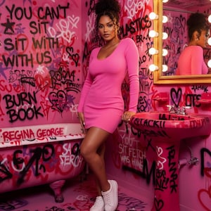 May include: A woman in a pink long-sleeve dress and white sneakers stands in a pink bathroom with graffiti art. The bathroom features a bathtub, sink, and mirror. The walls are covered in colorful graffiti, with phrases like "You Can't Sit With Us."