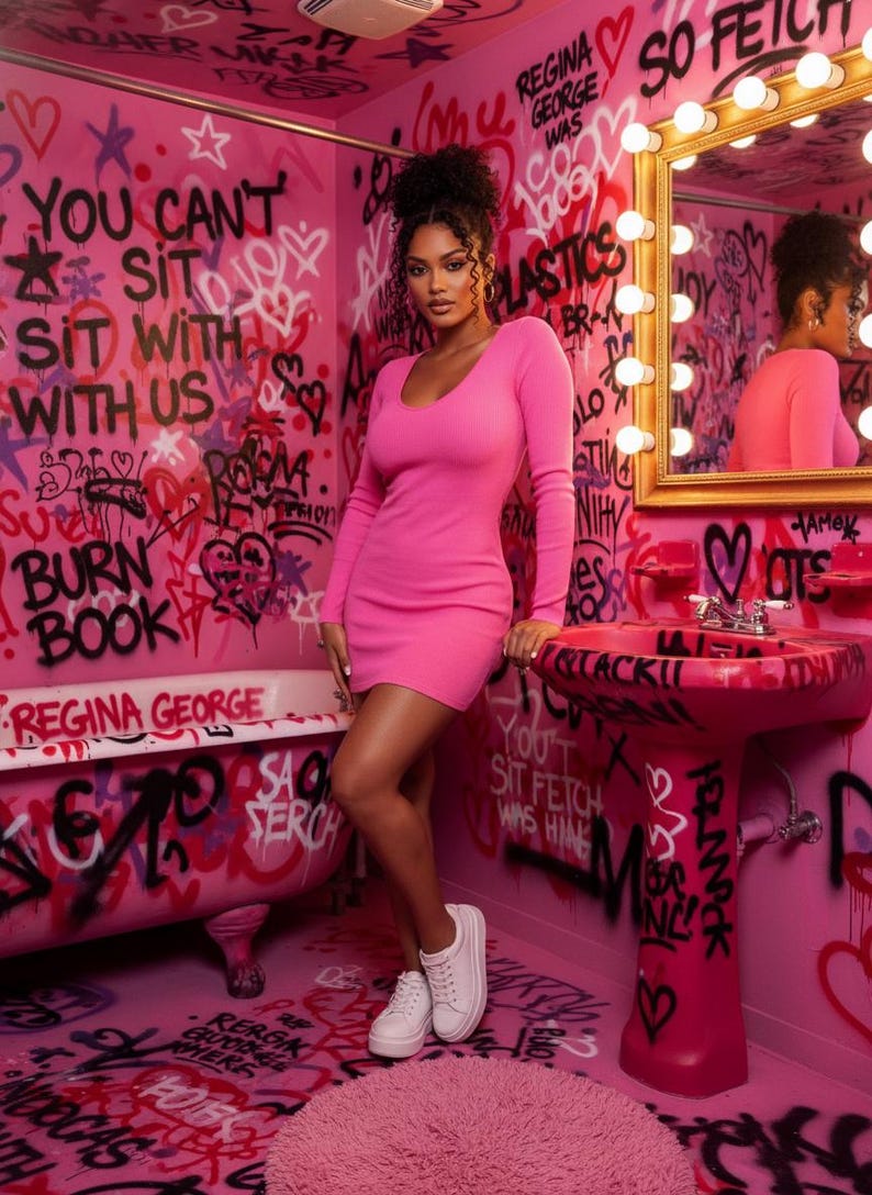 May include: A woman in a pink long-sleeve dress and white sneakers stands in a pink bathroom with graffiti art. The bathroom features a bathtub, sink, and mirror. The walls are covered in colorful graffiti, with phrases like "You Can't Sit With Us."