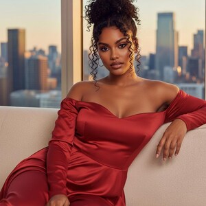 May include: A red off-the-shoulder satin dress with long sleeves. The dress has a sweetheart neckline and is worn by a person sitting on a beige sofa. The background features a cityscape with tall buildings.