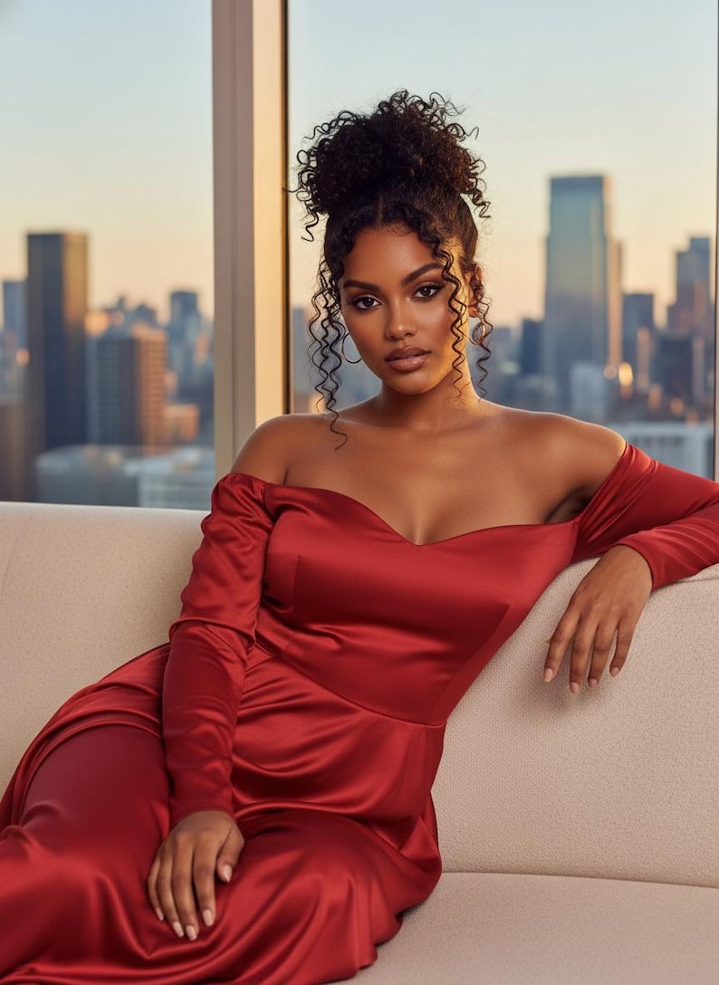 May include: A red off-the-shoulder satin dress with long sleeves. The dress has a sweetheart neckline and is worn by a person sitting on a beige sofa. The background features a cityscape with tall buildings.