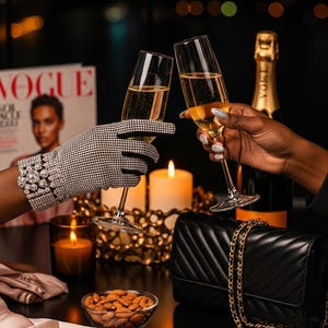 May include: Two champagne flutes clink together, filled with bubbly liquid. One hand wears a black and white checkered glove and a sparkling bracelet. A black purse with a gold chain sits on a table with a bowl of almonds and a Vogue magazine.