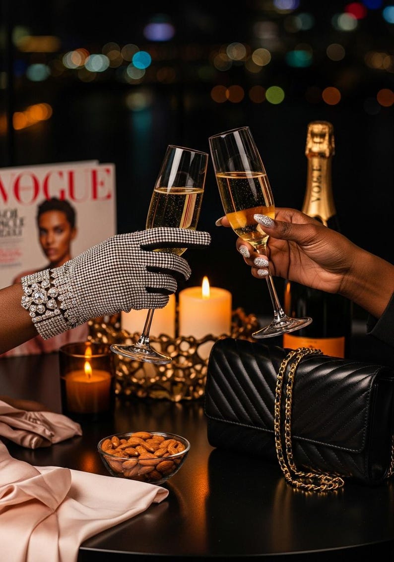 May include: Two champagne flutes clink together, filled with bubbly liquid. One hand wears a black and white checkered glove and a sparkling bracelet. A black purse with a gold chain sits on a table with a bowl of almonds and a Vogue magazine.