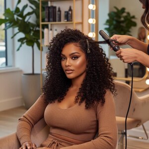 May include: A woman with dark, curly hair is styled with a curling iron in a salon setting. She wears a brown, ribbed knit top and matching skirt. The background includes a mirror with lights, a gold shelf with products, and a large potted plant.