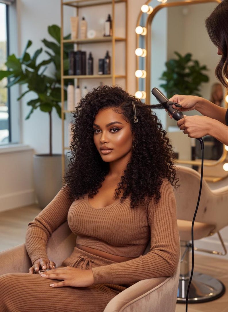 May include: A woman with dark, curly hair is styled with a curling iron in a salon setting. She wears a brown, ribbed knit top and matching skirt. The background includes a mirror with lights, a gold shelf with products, and a large potted plant.
