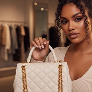 May include: Cream-colored quilted handbag with gold-tone chain straps and hardware. The bag has a top handle and a rectangular shape. The background shows a clothing store with racks of clothing.