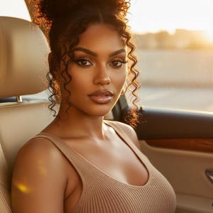 May include: A woman with dark curly hair in a high bun, wearing a tan ribbed tank top, sits in a car. The interior is beige, and the sunlight creates a warm glow. The woman has a neutral expression.