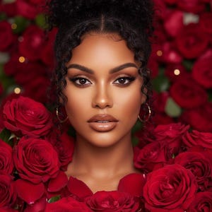 May include: A woman with dark curly hair and makeup is surrounded by vibrant red roses. The roses frame her face, creating a striking contrast with her skin tone. Gold hoop earrings add a touch of elegance to the portrait.