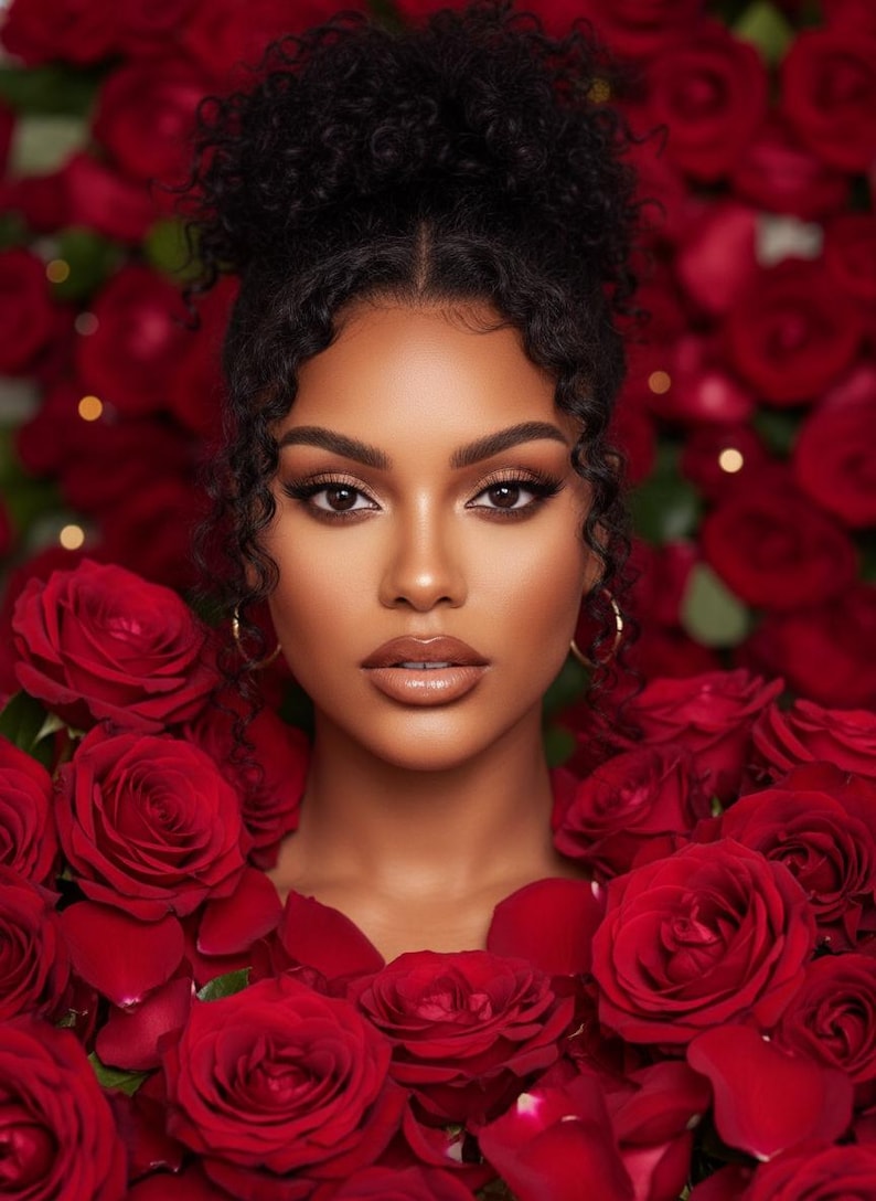 May include: A woman with dark curly hair and makeup is surrounded by vibrant red roses. The roses frame her face, creating a striking contrast with her skin tone. Gold hoop earrings add a touch of elegance to the portrait.