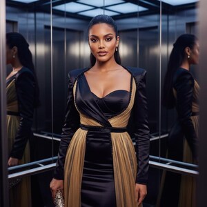 May include: A woman in a black and gold evening gown with a sweetheart neckline and long sleeves. The gown features a flowing gold skirt and is accessorized with a jeweled clutch. The woman is standing in an elevator with mirrored walls.