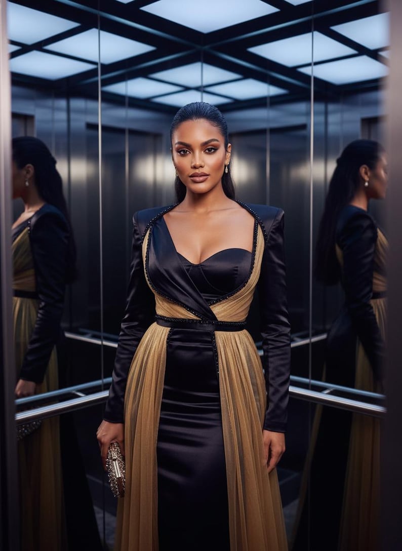 May include: A woman in a black and gold evening gown with a sweetheart neckline and long sleeves. The gown features a flowing gold skirt and is accessorized with a jeweled clutch. The woman is standing in an elevator with mirrored walls.