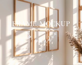 Mockup galerij muurlijst, set van 6 verticale houten lijstmodellen, minimalistische Photoshop-lijstmodellen, Scandinavische lijstmodellen