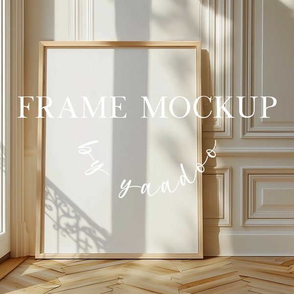 DIN A Vertical Frame Mockup, Frame Template for Photoshop, Wooden Floor Frame Mockup, Wood Frame PSD for Prints and Artwork