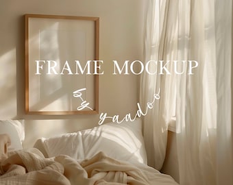 Side view DIN A Vertical Frame Mockup in Home Interior, Bedroom Frame mockup,Template for Photoshop, Wood Frame PSD for Prints and Artwork