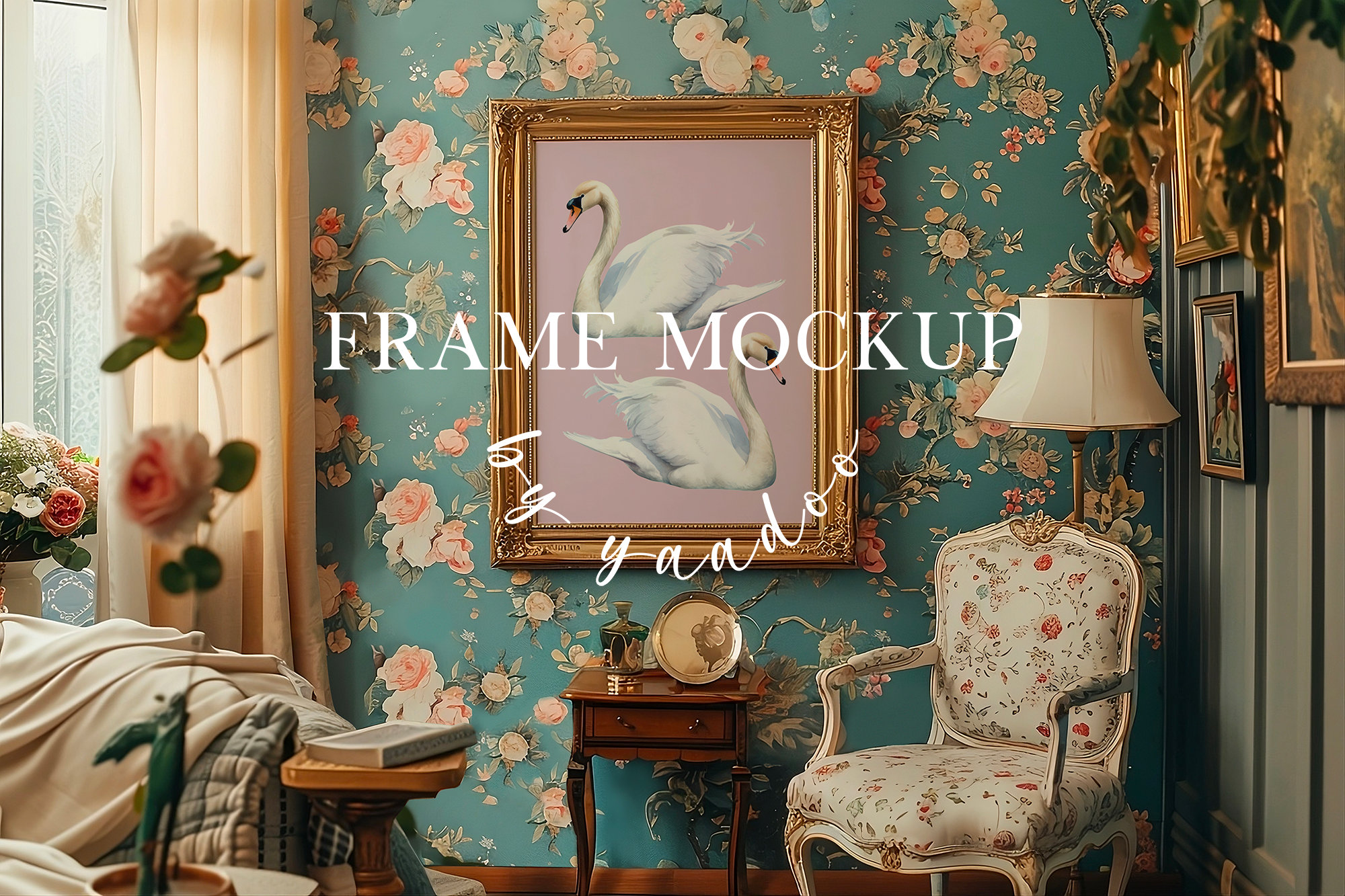 May include: A gold-framed picture with a pink background and two white swans. The frame is hanging on a wall with a floral wallpaper pattern. The text "FRAME MOCKUP by y-a-d-o-o" is visible in the image.