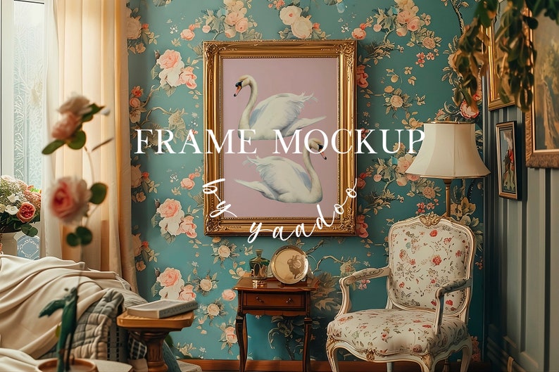 May include: A gold-framed picture with a pink background and two white swans. The frame is hanging on a wall with a floral wallpaper pattern. The text "FRAME MOCKUP by y-a-d-o-o" is visible in the image.