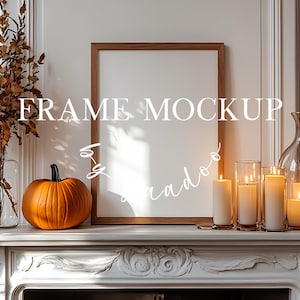Herbst & Halloween Vertikales PSD Mockup für Kunstwerke und Drucke, Kürbis Din A Fame Mockup, Herbst Poster Mockup, Holzrahmen Mockup für den Herbst