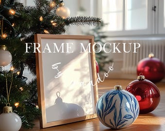 Frame Mockup for Christmas, DIN A Wooden Frame Mockup for Artwork and prints, Photoshop Template with Christmas Tree