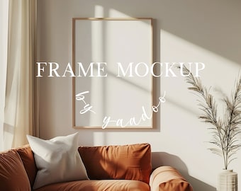 DIN A Vertical Frame Mockup Living Room, Frame Template for Photoshop, Wood Frame PSD mockup, interior frame mockup, PSD Boho Style Mockup