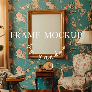 vertical frame mockup, interior frame mockup, digital mockup, gold vintage mockup, realistic frame mockup, vintage interior